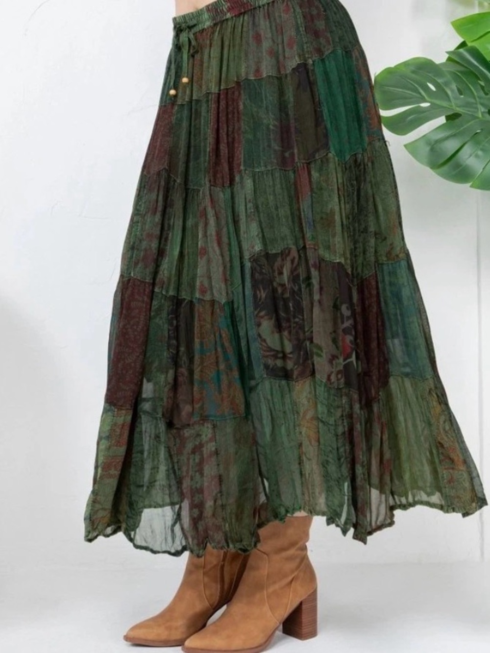 Patchwork Tiered Maxi Skirt in Dark Green